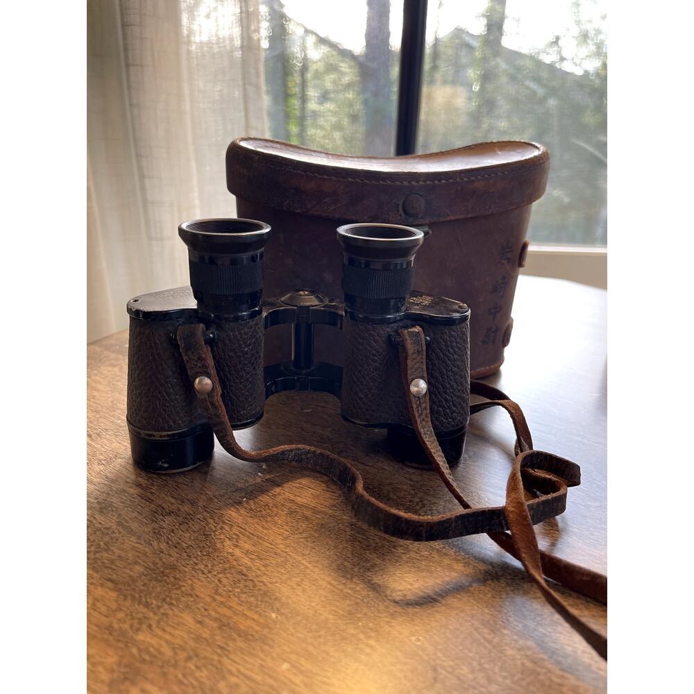 Vintage Renox 6x25 Binoculars 8 Degree Field With Leather Case Japanese Kanji